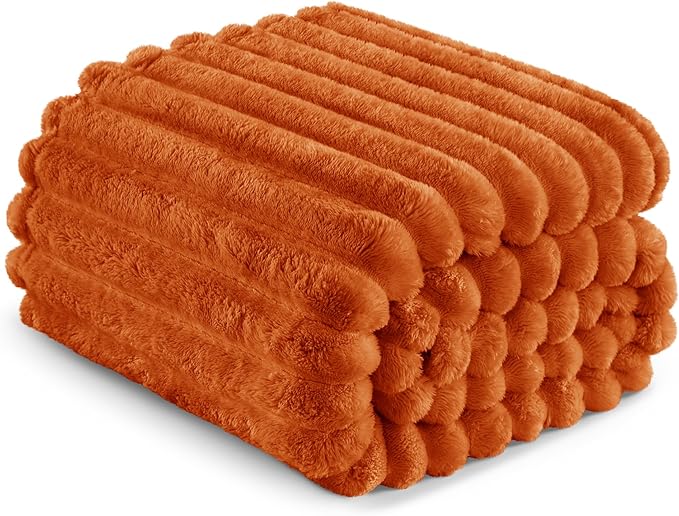 Exclusivo Mezcla King Size Flannel Fleece Blanket, Super Soft Striped Jacquard Bed Blanket, Lightweight Fuzzy Cozy for All Seasons, 90x104 Inches, Burnt Orange