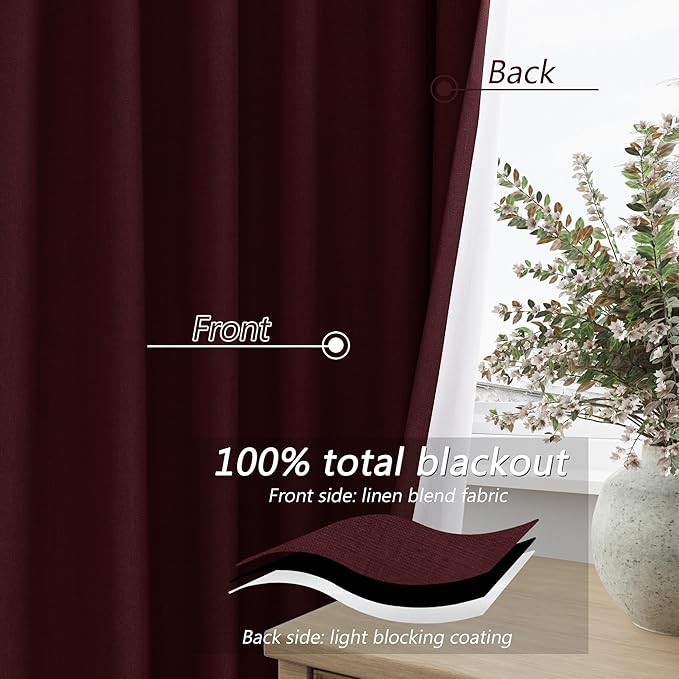 Guken 100% Blackout Curtains 90 Inch Length 2 Panels Set for Living Room Bedroom Back Tab Thermal Insulated Black Out Linen Drapes Room Darkening Window Curtains 90 Inches Long,Burgundy