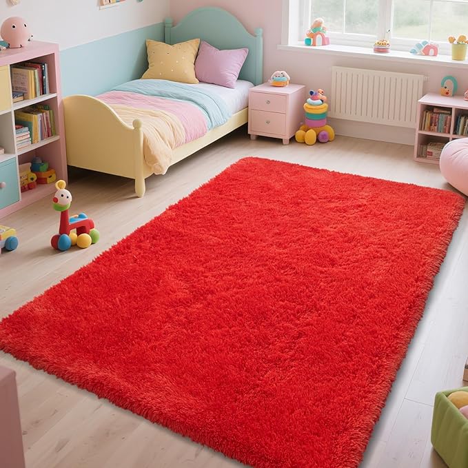 Red Shag Area Rugs for Bedroom Living Room,Ultra Soft Fluffy Christmas Area Rugs 4X6 for Dorm, Indoor Carpet Nursery Rugs for Kids Girls Room Home Decor,Red