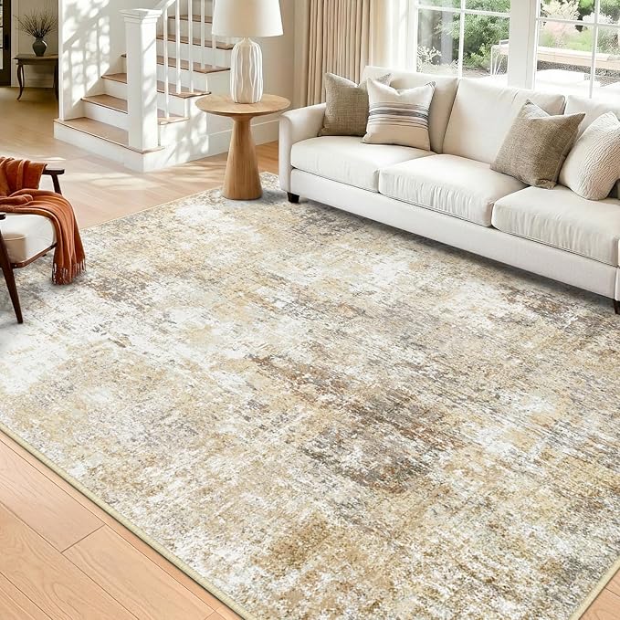 Washable Area Rugs 6'x8' Non-Slip Modern Abstract Soft for Living Room Entryway Bedroom Nursery, Print Pattern, Neutral Brown Gray