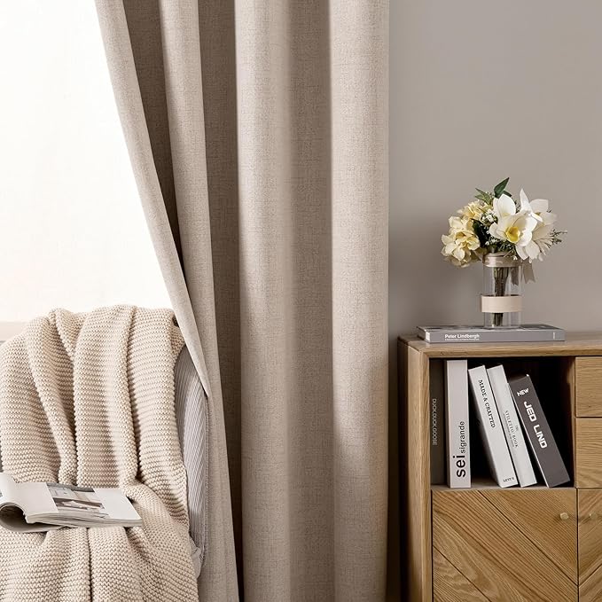 MIULEE 100% Blackout Linen Textured Curtains for Bedroom 105 Inches Extra Long Thermal Insulated Natural Beige Grommet Room Darkening Curtains & Drapes Luxury for Living Room Nursery (2 Panels)