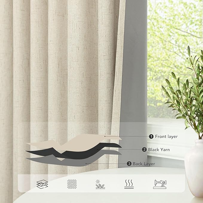 Pitalk Short Small Window Room Darkening Curtains 68 Inches Long for Master Bedroom Guest Room Dining Basement Rustic Neutral Soundproof Blackout Beige Linen Curtains Back Tab 52 x 68 Length 2 Panels