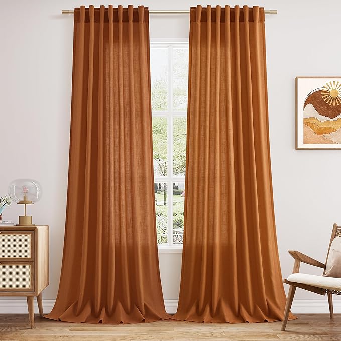 Desert Orange Semi Sheer Curtains 120 Inches Set Back Tab Loop Pocket Linen Blend Boho Curtain Extra Long Light Filtering Drapes High Ceiling Curtain Living Room Dinner Room 52x120,2 Panels