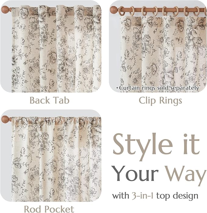 jinchan Floral Curtains for Living Room 84 Inch Length Farmhouse Printed Curtain Rod Pocket Back Tab Black Peony Flower Patterned Drapes Bedroom Window Curtains Set 2 Panels 25% Linen 75% Polyester