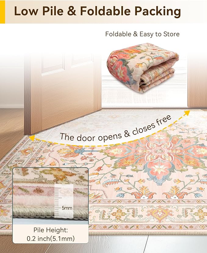 RELEANY Area Rugs Square 10ft Washable Non-Slip, Floral Vintage Distress Print Pattern Medallion Carpet for Living Room Bedroom Dining Room, Light Pink Colorful
