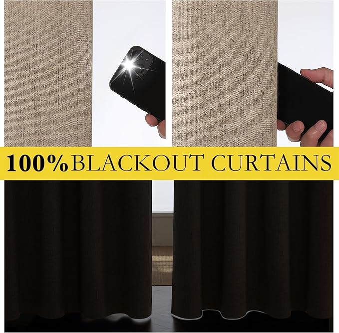 NICETOWN Burlap Vintage Open Linen Weave Flax Thermal Curtains, 100% Blackout Curtains 84 inches Long for Dining Room, Soundproof Window Treatment Drapes for Hall Room, 52" Wide Per Panel, Set of 2