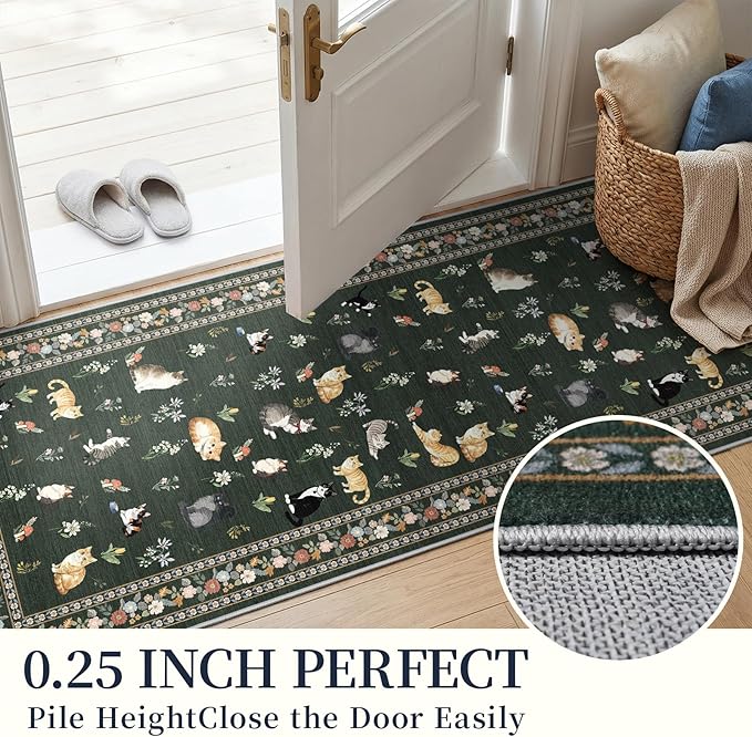2x6 Washable Kitchen Runner Rug - Soft Low Pile Floral Animal Cat Print Rugs with Non-Slip Backing Waterproof Stain-Resistant Indoor Carpet for Hallway Entryway Bathroom Bedroom (Sage Green)