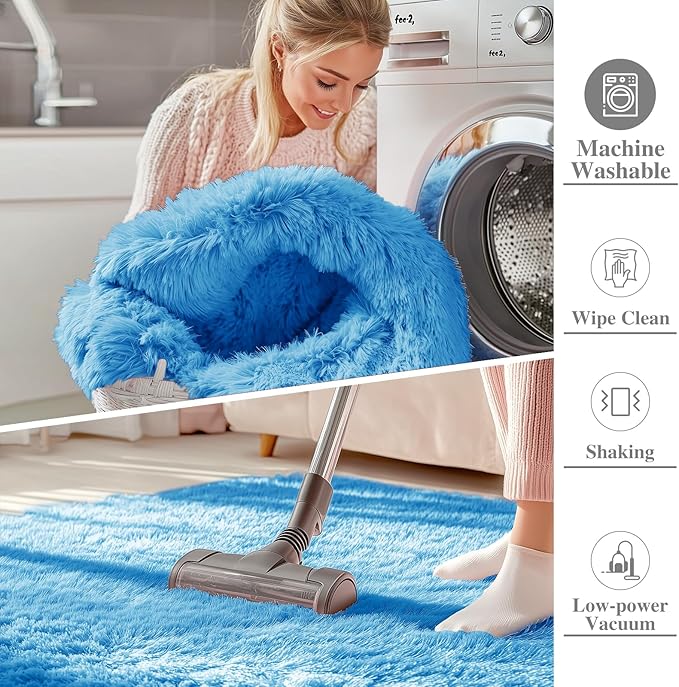 OLANLY 2x4 Machine Washable Runner Rugs for Hallway, Soft Fluffy Shaggy Bedside Rugs for Bedroom, Living Room, Indoor Floor Carpet for Kids Girls and Boys, Home Decor Aesthetic, Bright Blue