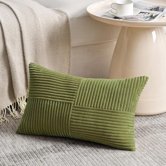 Fancy Homi 2 Packs Moss Green Lumbar Decorative Throw Pillow Covers 20x28 Inch for Living Room Couch Bed, Rustic Farmhouse Boho Home Decor, Soft Striped Corduroy Rectangle Accent Cushion Case 50x70 cm