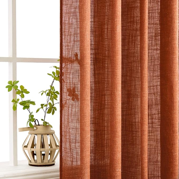 MIULEE Rust Curtains 96 Inch Length 2 Panels for Bedroom Living Room, Terracotta Soft Thick Linen Textured Window Drapes Semi Sheer Light Filtering Back Tab Rod Pocket Burlap Look Fall Decor