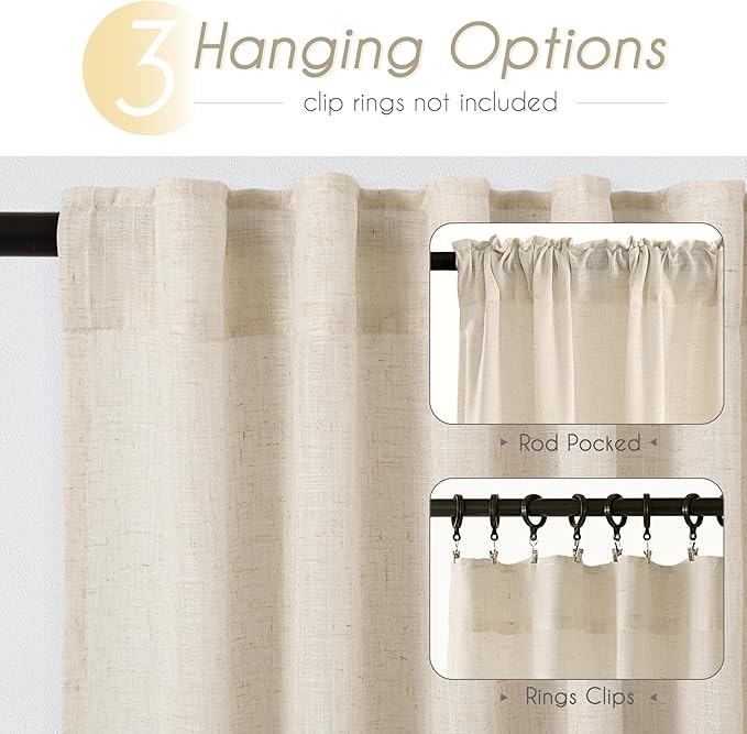 Apricot Linen Curtain 120 inch Length 2 Panels Set Back Tab Light Filtering Living Room Curtain Drapes Home Office Modern Minimalist Decor Farmhouse Boho Neutral Cream Semi Sheer Curtain 120 inch Long