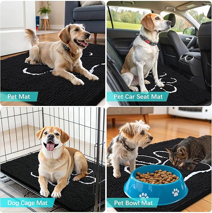 OLANLY Dog Door Mat for Muddy Paws 47x17, Paw Print Design, Absorbs Moisture and Dirt, Absorbent Non-Slip Washable Doormat, Quick Dry Chenille Mud Mat for Dogs, Entry Indoor Entryway Carpet, Black