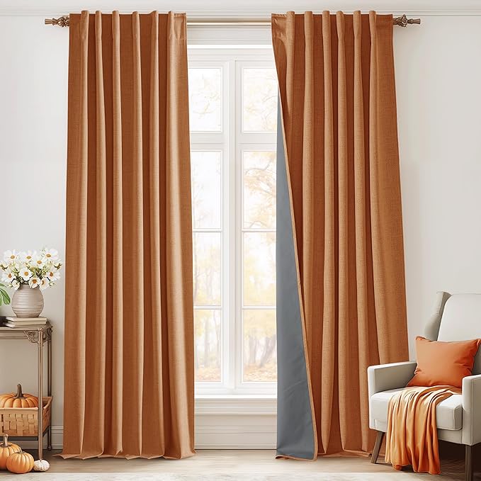 RYB HOME Burnt Orange Total Blackout Curtains Linen Texture, Fall Curtains for Bedroom/Living Room/Office, Thermal Insulated Boho Farhmouse Home Decor, Luxury Privacy Drapes, W52xL96, 2 Panels