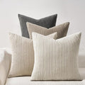 Topfinel 4 Packs Natural Decorative Throw Pillows Covers 24x24 Inch for Living Room Couch Bed Sofa, Rustic Farmhouse Boho Home Decor, Soft Plush Striped Corduroy Square Cushion Case 60x60 cm