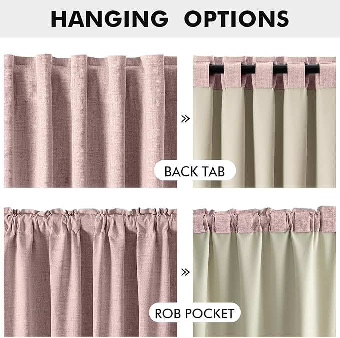 MIULEE 100% Blackout Linen Curtains for Bedroom, Pink Solid Luxury Decor Thermal Insulation Room Darkening Drapes for Living Room Nursery Back Tab Rod Pocket 42 x 96 Inches, 2 Panels