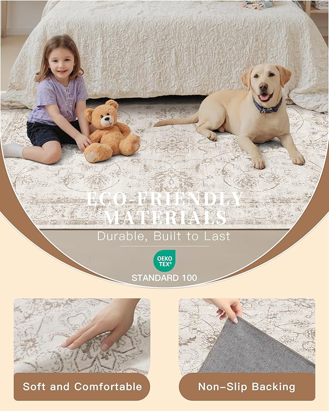 Madane 2x3 Washable Rugs for Entryway, Low Pile Non-Slip Small Area Rug Kitchen Door Mat, Vintage Soft Throw Neutral Rug Floor Mat for Indoor Front Entrance Bathroom Hallway (2 x 3, Brown/Ivory)
