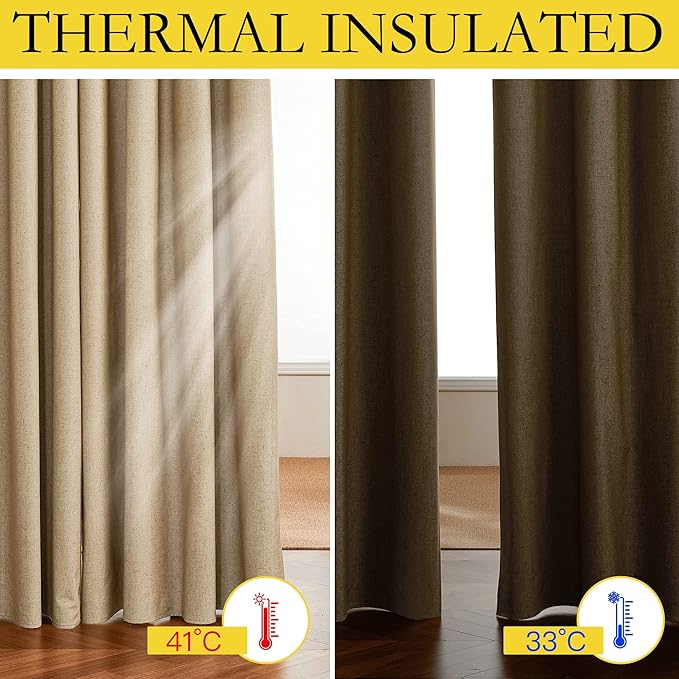 NICETOWN 100% Absolutely Blackout Linen Curtains with Thermal Insulated White Liner, Camel, W52 x L102, 2 Panels, Textured Linen Look Noise Reducing Window Treatments Drapes for Bedroom/Living Room