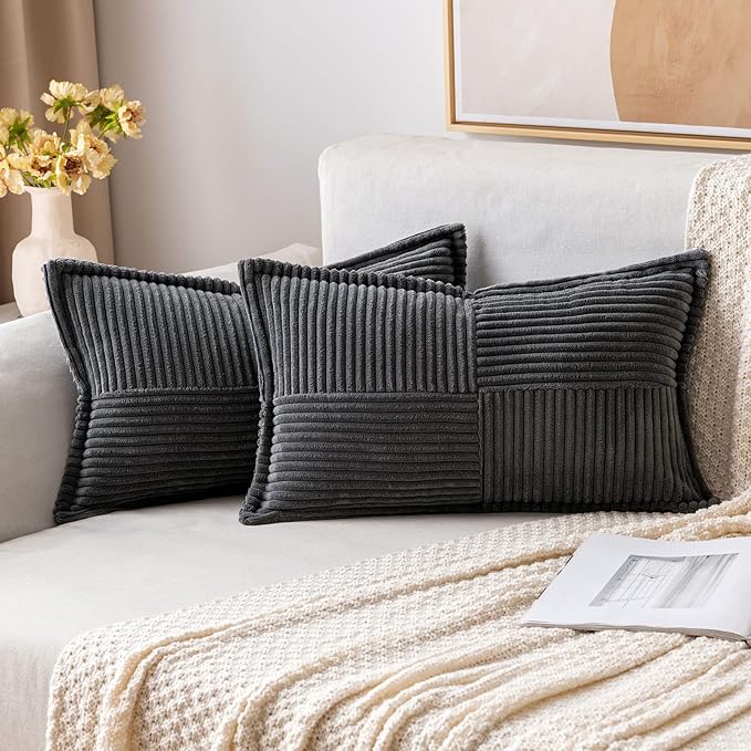 MIULEE Dark Grey Corduroy Lumbar Pillow Covers 12x20 Inch 12x20 Inch with Splicing Set of 2 Soft Boho Pillow Covers Broadside Decorative Textured Pillowcases for Couch Bed Livingroom