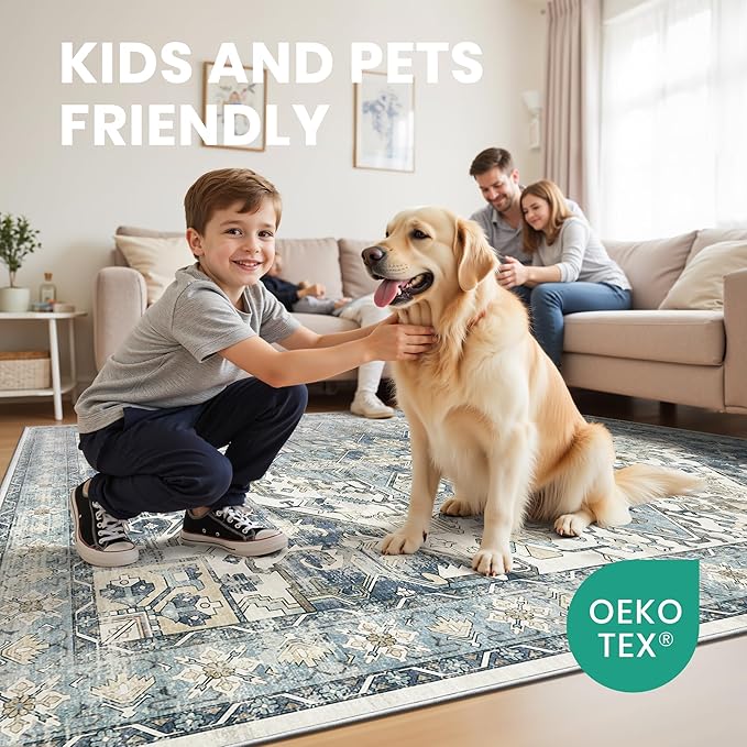 zesthome 8x10 Area Rugs-Washable Rug for Living Room, Non-Slip Backing Rugs, Stain Resistant 8x10 Rug for Bedroom, Ultra-Thin Low Pile Rugs, Vintage Large Home Decor