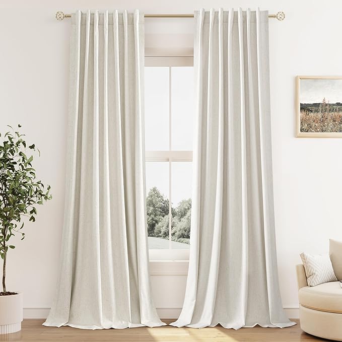 Guken Cream 100% Blackout Linen Curtains 108 Inch Length 2 Panels Set for Living Room Bedroom Back Tab Thermal Insulated Black Out Drapes Room Darkening Farmhouse Window Curtains 52x108