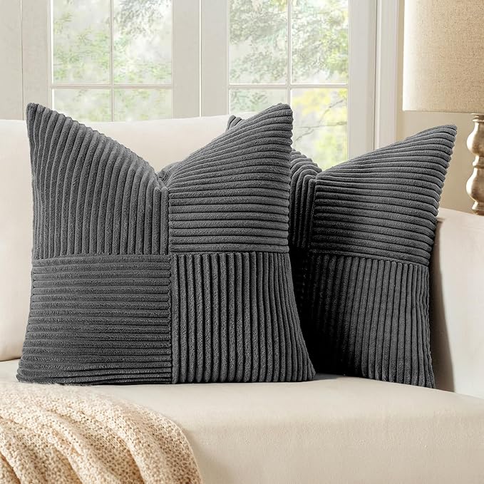 MIULEE Grey Decorative Throw Pillow Covers 18x18 Inch for Couch Bed Sofa Pack of 2 Boho Farmhouse Throw Pillows Soft Cross Corduroy Patchwork Textured Cushion Cases