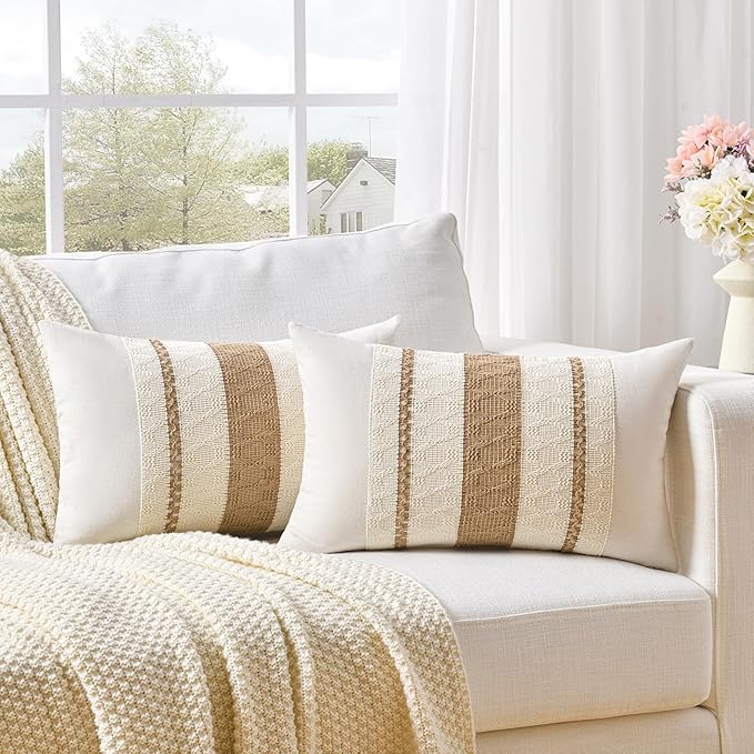 Fancy Homi Set of 1 Boho Neutral Long Lumbar Decorative Throw Pillow Cover 12x24 Inch for Couch Bed Sofa Chair, Modern Organic Farmhouse Home Decor, Soft Cotton Cute Accent Tan Rectangle Cushion Case