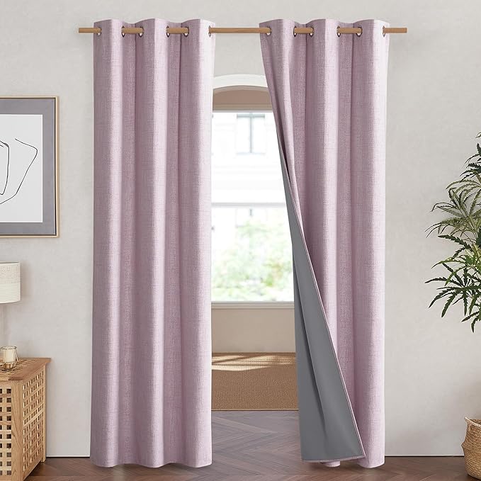 NICETOWN Pink Vintage Linen 100% Blackout Curtains for Living Room, Thermal Insulated Curtains 90" Long, Noise Reducing Window Treatment Drapes for Hall Room, 42" Wide Per Panel, Set of 2