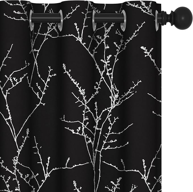 Deconovo Black Blackout Curtains, Thermal Insulated Soundproof Privacy Curtain Drapes, Branch Foil Print, 42 x 72 Inch Long, 2 Panels, Machine‑Washable Window Panel for Bedroom Living Room Office Home