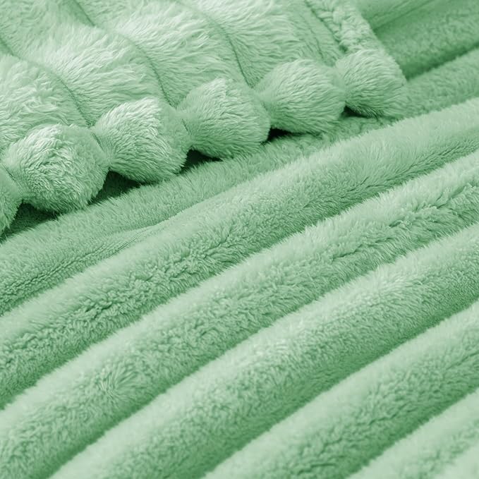Exclusivo Mezcla Queen Size Flannel Fleece Blanket, Super Soft Striped Jacquard Bed Blanket, Lightweight Fuzzy Cozy for All Seasons, 90x90 Inches, Sage Green