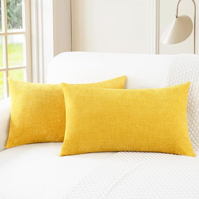 CaliTime Throw Pillow Covers Decorative 16 X 26 Inches Pack of 2 Cozy Chenille Cushion Cases for Couch Sofa Bed Living Room Home Mustard Yellow