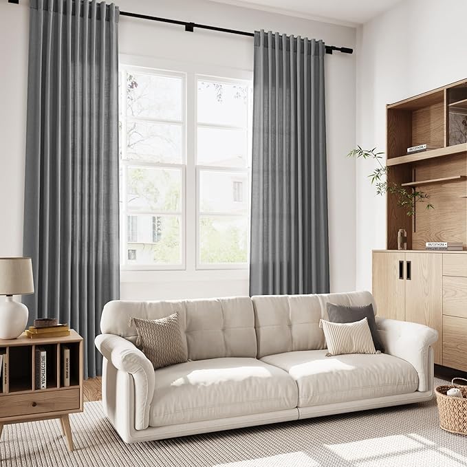 Nanspring Blazer Grey Curtain Linen Blend Light Filtering Back Tab Curtains 96 Inches Long, Semi Sheer Privacy Drapes for Living Room & Bedroom, 52x96 inch, 2 Panels