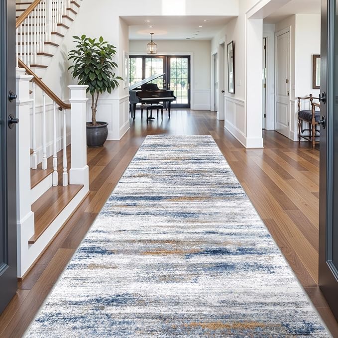 4x10 Wide Washable Runner Rug: Easy-to-Clean Runners for Hallway Entryway Kitchen Bedroom Living Room - Stain and Water Resistant Rugs with Non-Slip Backing - Soft Low-Pile Carpet Navy Grey