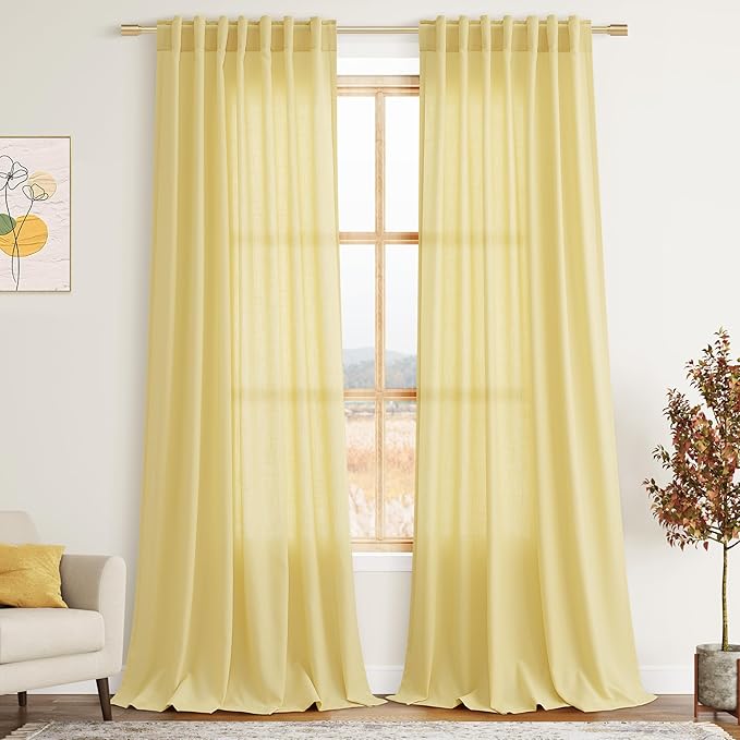 Nanspring Yellow Linen Boho Curtains for Bedroom Back Tab Rod Pocket Semi Sheer Linen Curtains 90 Inches Long 2 Panel Set Light Filtering Neutral Farmhouse Lightweight Drapes for Living Room 52x90