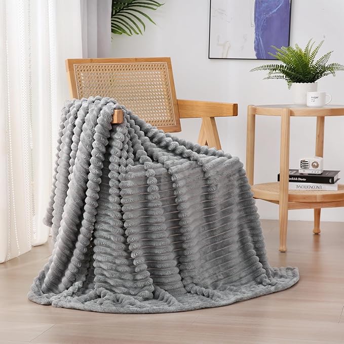 Grey Fleece Throw Blanket 50”×60” for Couch Sofa Bed,Super Soft Cozy Plush Microfiber Flannel Blanket with Stripes Design Lightweight for Adults,Woman,Girls