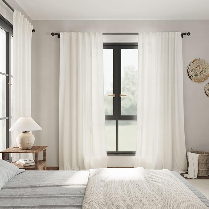 Nanspring Cream Semi Sheer Linen Curtains 79 Inch Length for Living Room Back Tab Rod Pocket Modern Farmhouse Coastal Decor Cotton Textured Gauze Curtains 73 Inches Long for Dining Room Office 52x79
