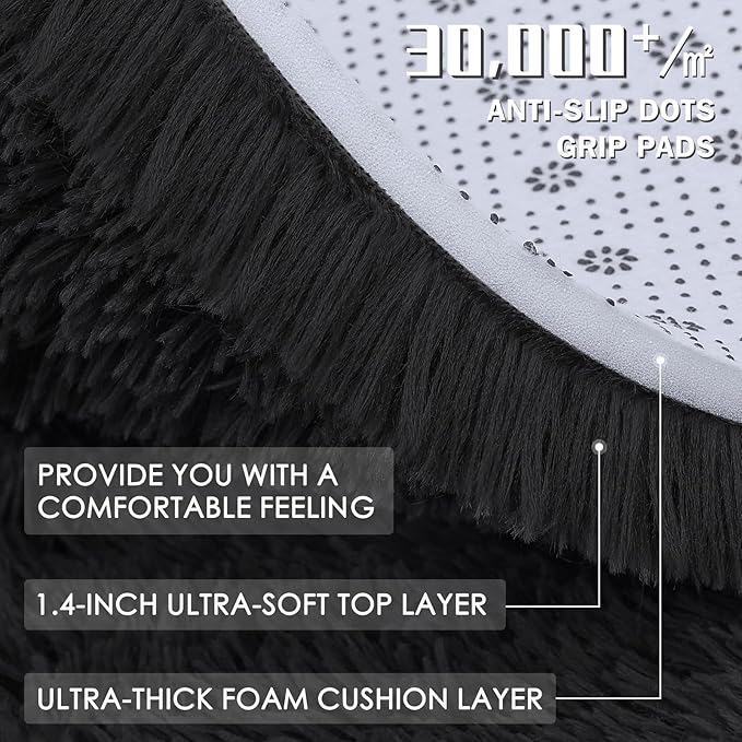 OLANLY Black Round Rugs for Bedroom - Machine Washable, 7 ft Circle Area Rugs for Living Room, Soft and Fluffy Shaggy Carpet for Teen Girls and Boys, Nursery Rooms, Dorms, Home Decor Aesthetic