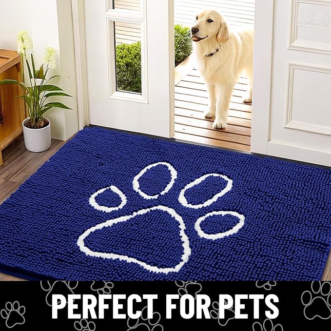 Smiry Dog Door Mat for Muddy Paws, Absorbent Dirt Trapper Non Slip Quick Dry Washable Chenille Mat for Mud Dogs, Entry Rug for Indoor and Outdoor (47x32 Inches, Navy Blue and White)
