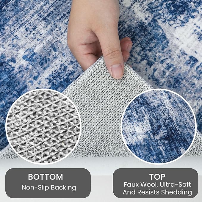 IOHOUZE Abstract Area Rugs 6x9 Ft Washable Rugs for Living Room, Non Slip Dining Room Rug, Printed Faux Wool Rugs for Bedroom, Floor Carpet for Office Nursery Playroom, Navy/Grey