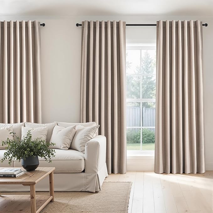 Natural Beige 95 inch bedroom living room curtains 2 Panels 100% Blackout Linen texture Curtain Drapes with Back Tab Rod Pocket Room darkening Thermal Insulated Curtains for Dining Sliding door 52x95