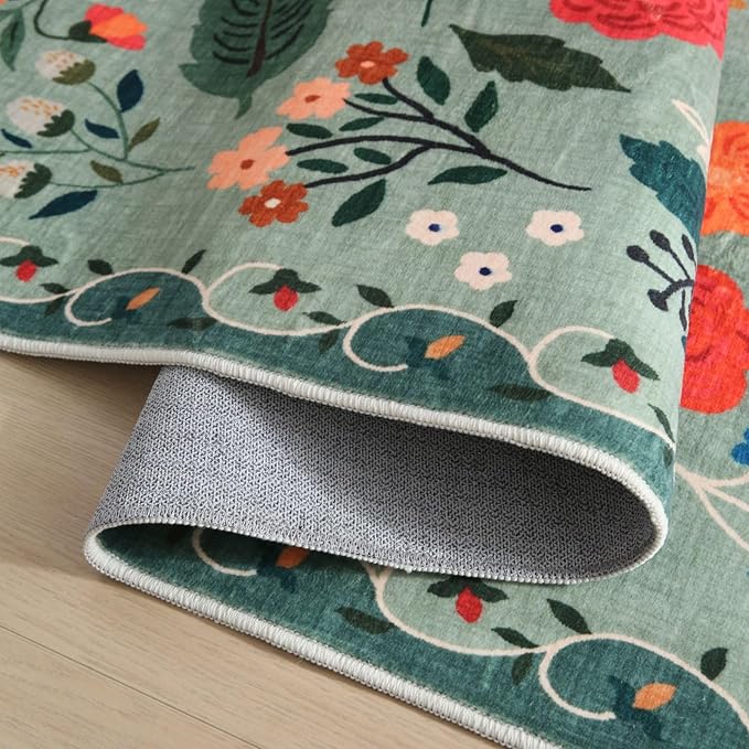 Rugcomf Washable Kitchen Runner 2'7"x12' - Floral Long Hallway Runner Rug Non Slip, Boho Carpet for Entryway, Hall, Bathroom - Green