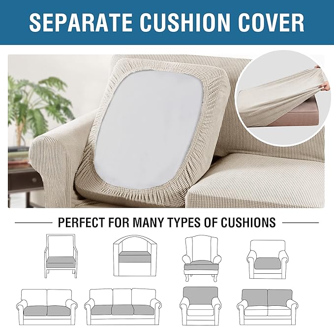 H.VERSAILTEX 3 Piece Stretch Sofa Covers for 2 Cushion Loveseat Couch Covers for Living Room Furniture Cover (Base Cover Plus 2 Seat Cushion Covers) Thicker Jacquard Fabric(Medium, Island Fossi)