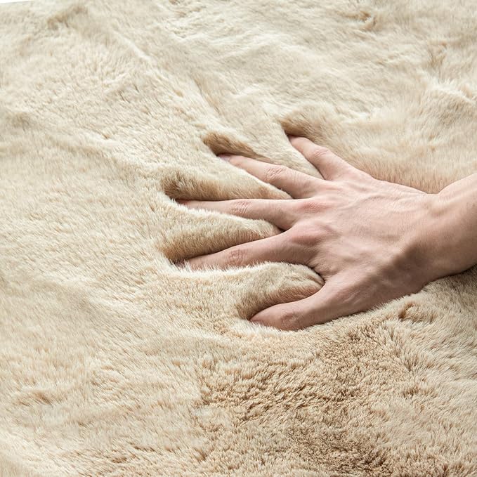 ORINOVA Washable Shag Round Rugs 6ft Camel Plush Faux Rabbit Furry Fur Rugs for Bedroom Large Circle Fluffy Nursery Rug