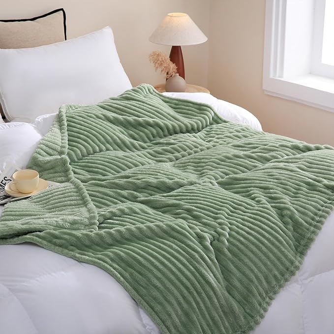 Sage Green Fleece Throw Blanket 50”×70” for Couch Sofa Bed,Super Soft Cozy Plush Microfiber Flannel Blanket with Stripes Design Lightweight for Adults,Woman,Girls