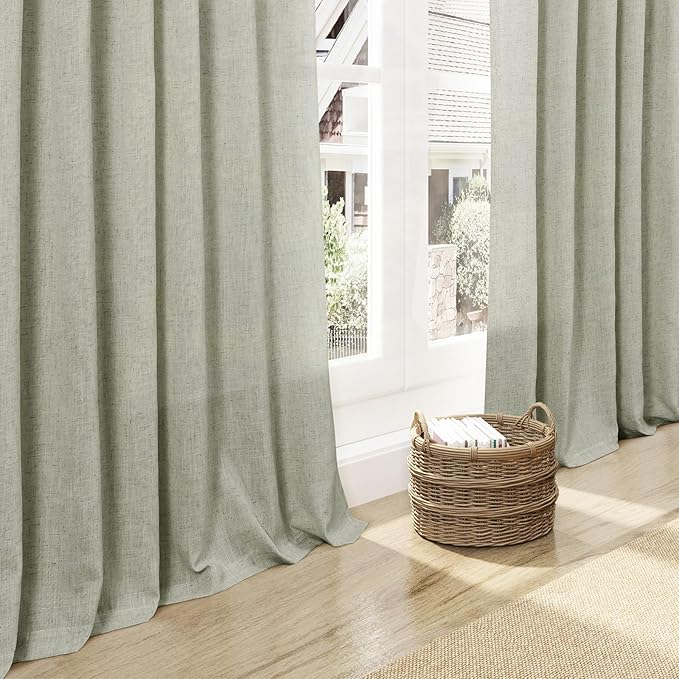 Extra Long Sage Green Curtain 2 Panels 102 inches Long for Living Room Back Tab Rod Pocket Light Filtering Semi Sheer Drapes Cotton Linen Textured Pale Green Window Curtain 102 inch Length 9 FT Tall