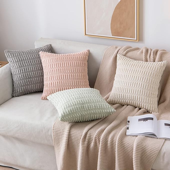 MIULEE Pack of 2 Corduroy Decorative Throw Pillow Covers 16x16 Inch Soft Boho Striped Pillow Covers Modern Farmhouse Home Decor for Sofa Living Room Couch Bed Light Grey
