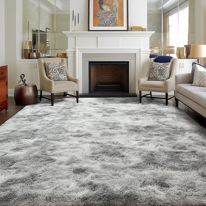 5x7 Ft Shag Area Rug for Bedroom, Tie Dyed Ultra Soft Fluffy Furry Rugs for Living Room Indoor Floor, Aesthetic Carpet for Kids Home Decor (Grey)