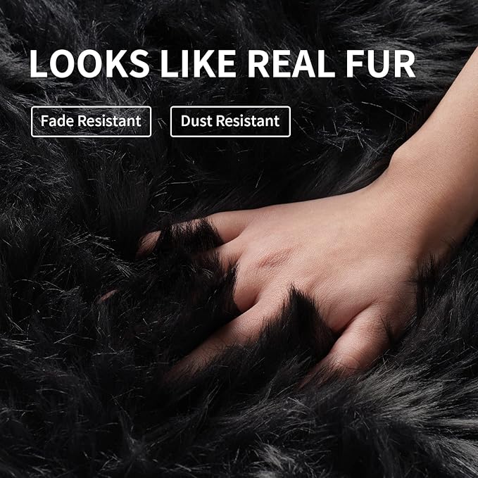 Faux Fur Rug Sofa Chairs Cover, Black Small Rug for Bedroom, 2X3 Shaggy Furry Rugs for Kids Room, Shag Fluffy Rugs for Nursery Room, Soft Fuzzy Plush Carpet, Cute Floor Dorm Decor