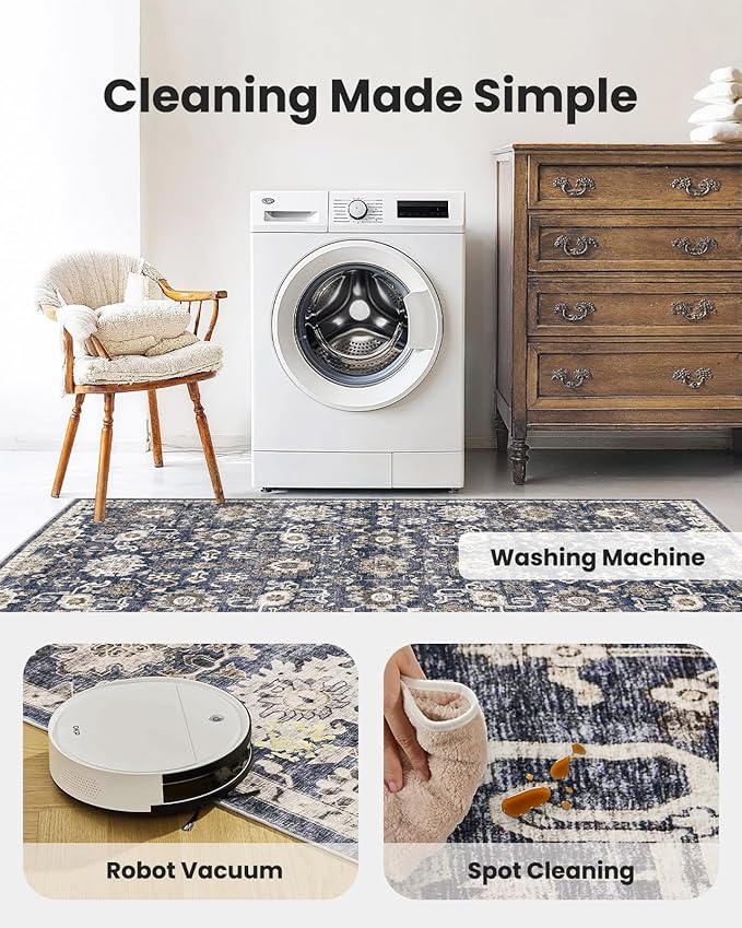 AMADA HOMEFURNISHING 5x7 Area Rugs, Washable Living Room Rug Low-Profile with Non-Slip Backing & Durable Edge Binding, Vintage 5x7 Rugs for Living Room, Bedroom, Dining Room