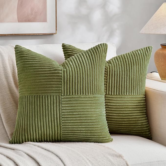 Fancy Homi 2 Packs Moss Green Big Decorative Throw Pillow Covers 24x24 Inch for Couch Bed Sofa, Rustic Farmhouse Boho Home Decor, Soft Corss Corduroy Patchwork Accent Square Cushion Case 60x60 cm