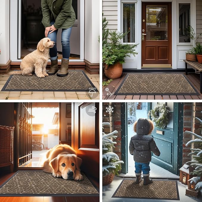 Smiry Front Door Mat Outside Entrance, Heavy Duty Sturdy Natural Rubber Doormat, Trap Dirt and Moisture, Easy Clean Low Profile Mats for Indoor Outdoor Entry, Grid Geometric (35x23, Brown)